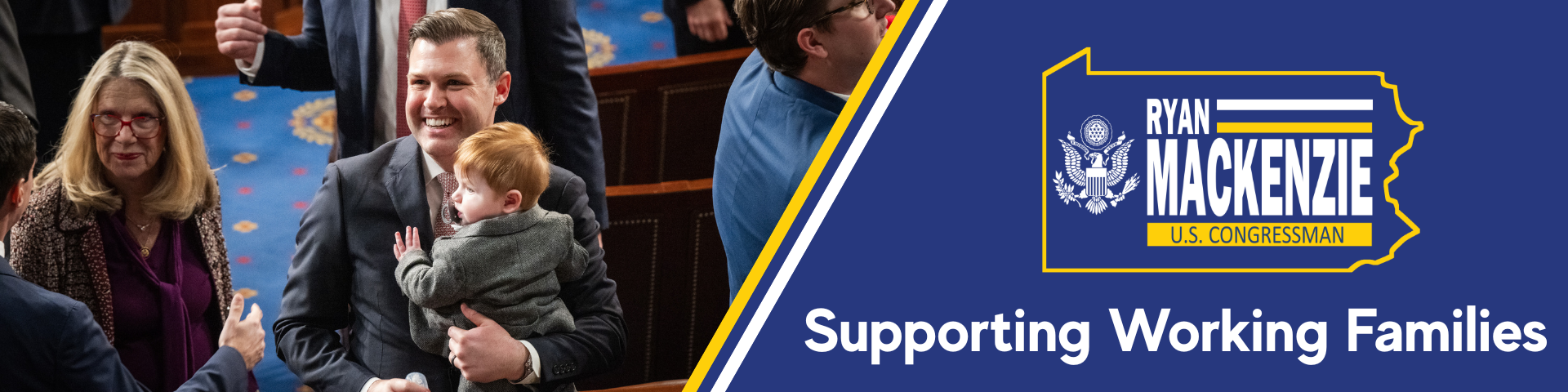 Congressman Mackenzie with his son. Caption: Supporting working families