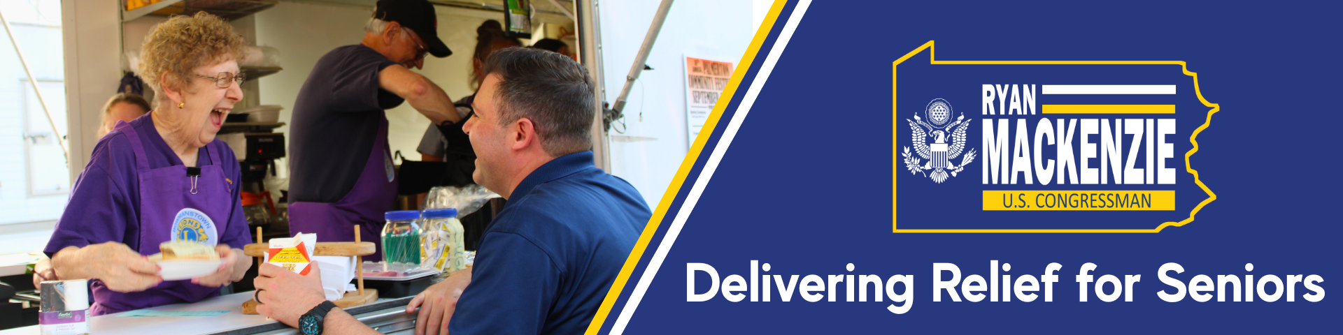 Congressman Mackenzie with a constituent at a fair. Caption: Delivering Relief for Seniors