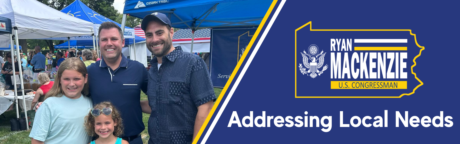 Congressman Mackenzie with a family at an event. Caption: Addressing Local Needs