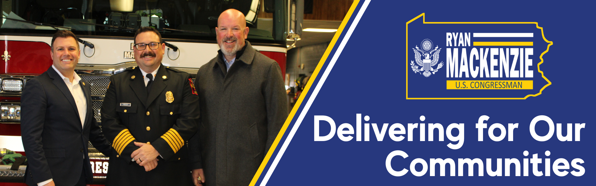 Congressman Mackenzie visiting a fire station. Caption: Delivering for our communities