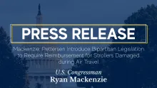Capitol with overlay. Caption: Mackenzie, Pettersen Introduce Bipartisan Legislation to Require Reimbursement for Strollers Damaged during Air Travel